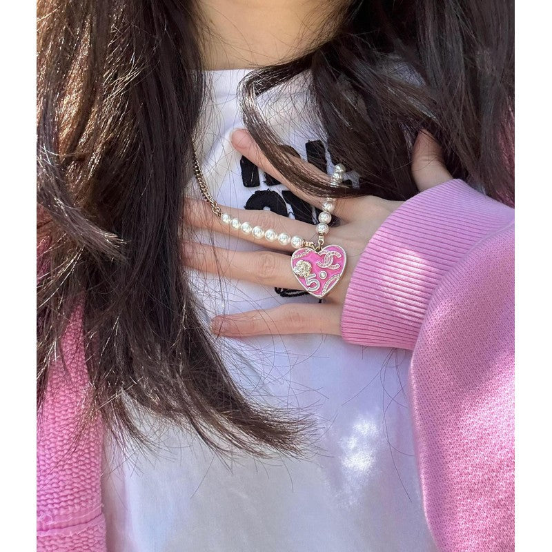 18K  Chanel Pink & Black Heart Pearl Necklace